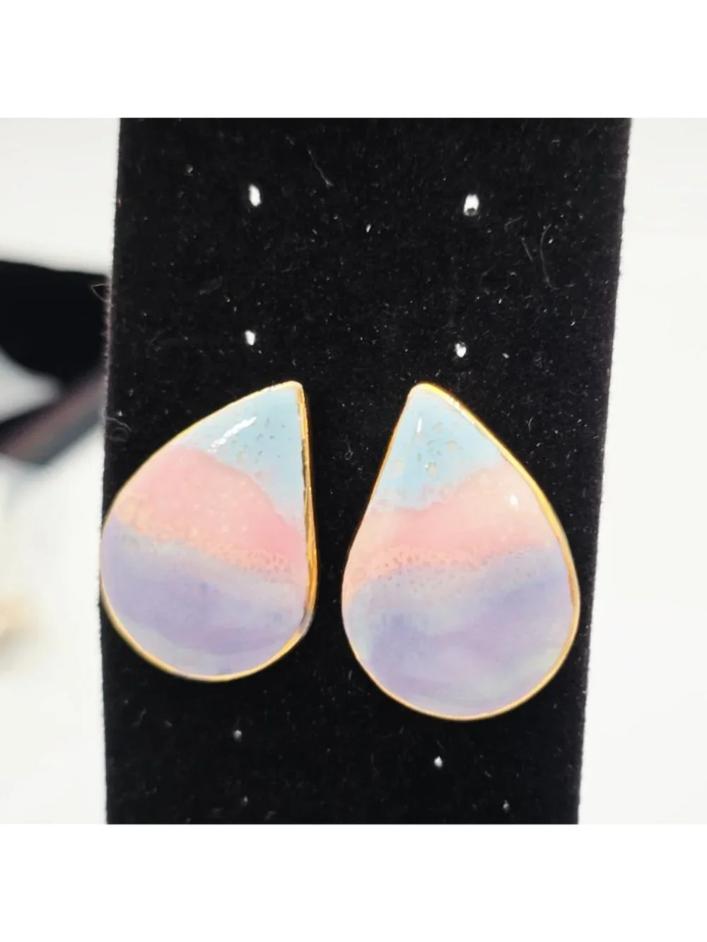 Pastel Gradient Teardrop Stud Earrings Gold Trim Ceramic & Metal Unique Handmade - Picture 5 of 5